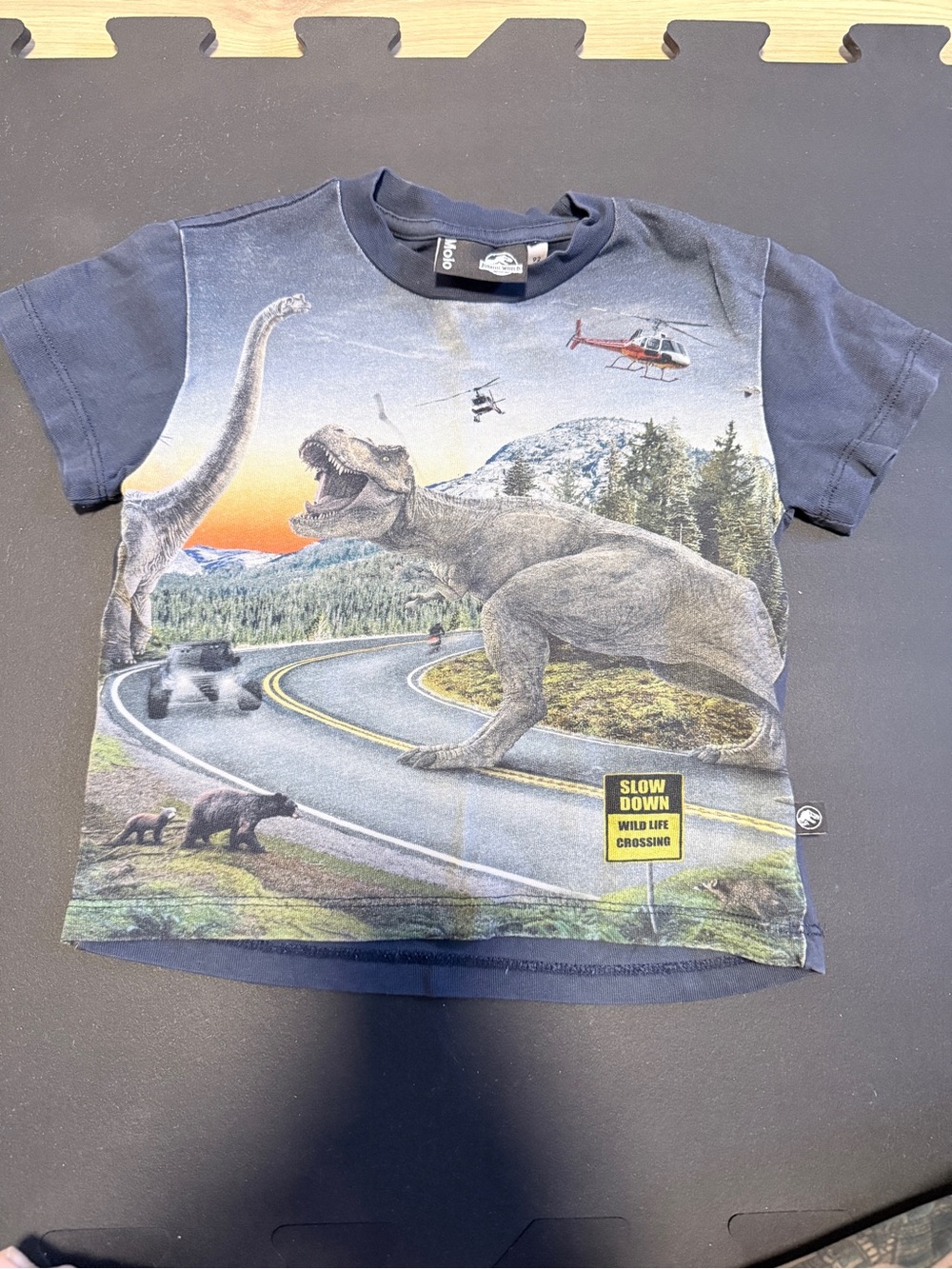 Molo Navy Blue Graphic Dino & Road Short-Sleeve Tee